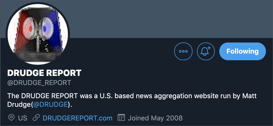 Correction: Drudge Report Fan Twitter Account Falsely Claims DrudgeReport.Com No Longer Owned By Matt Drudge