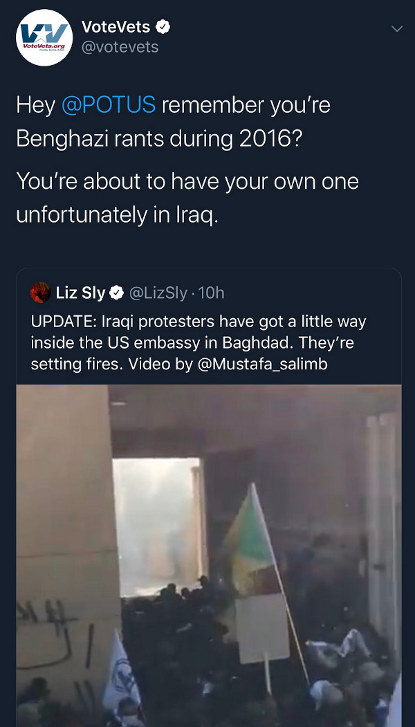 Leftist Veterans Group Taunts Trump About Possible Military Casualties at Embassy